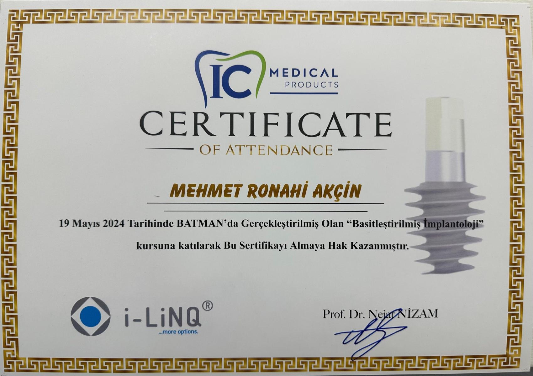  I-Linq Dentium Implant Zirkonyum Certificate